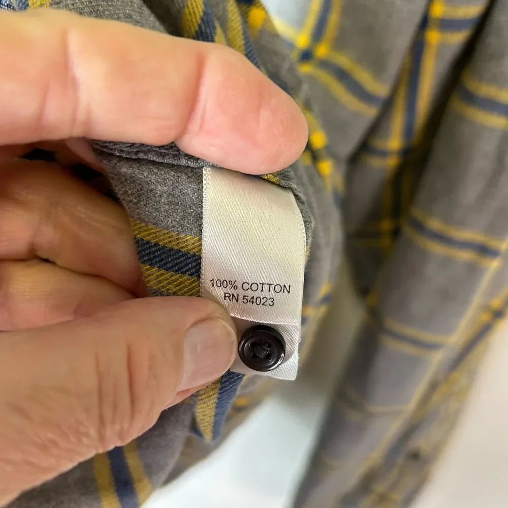 Banana Republic Men's Gray Yellow Blue Windowpane Plaid LS Flannel Shirt Size L